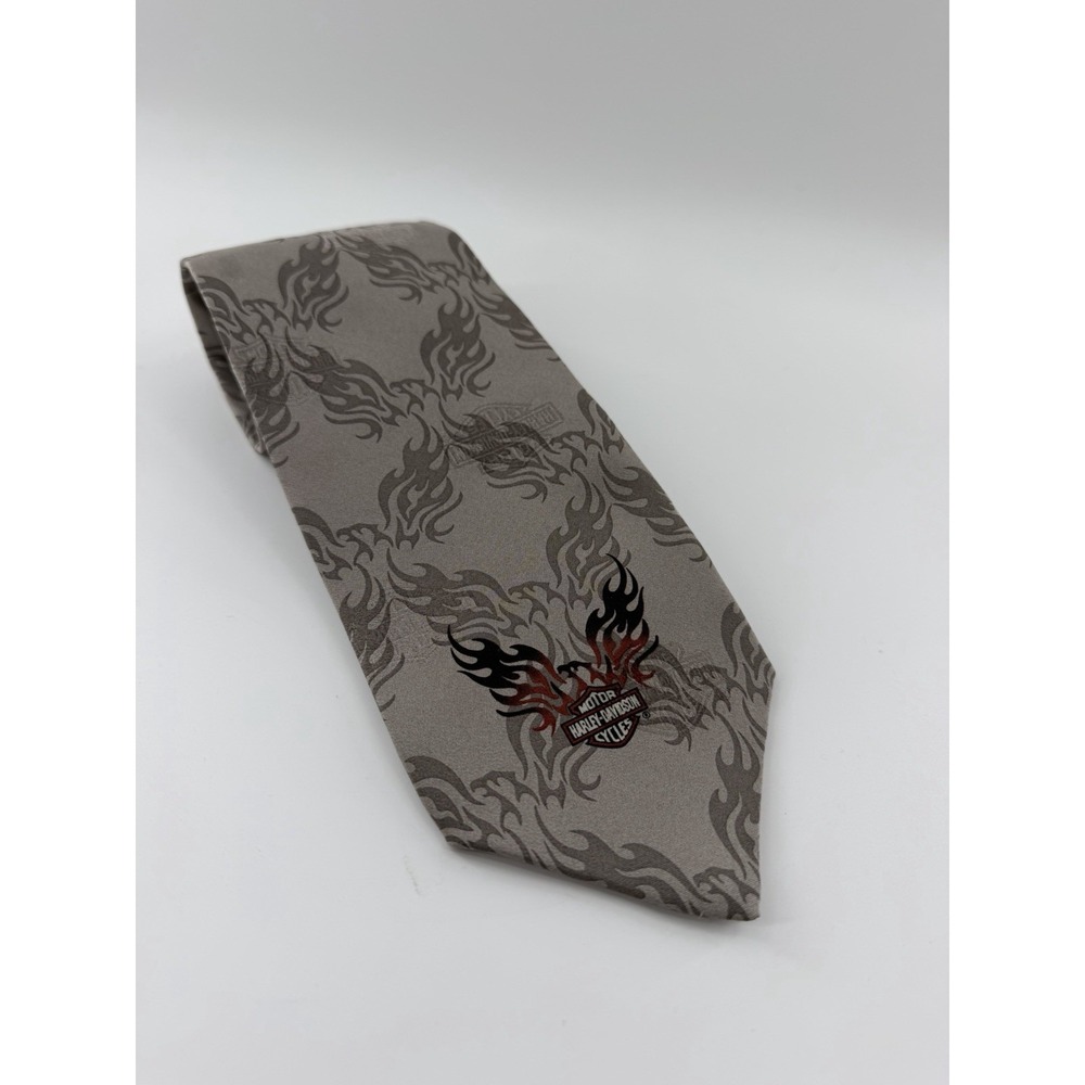 Vtg Harley Davidson Tie 2005 Ralph Marlin Harley Logo Silk USA Winged Flames Tan